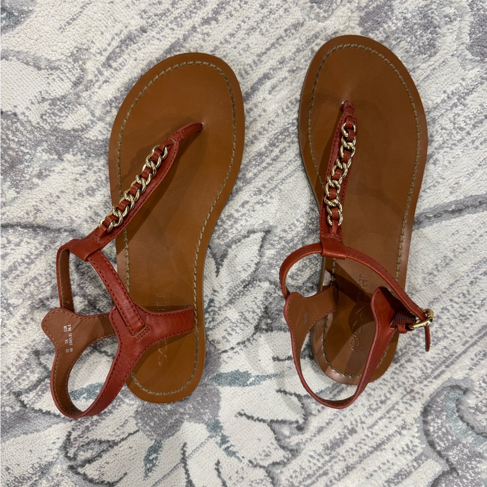 Coach Women's Brown Leather Flat Thong Sandals Chain Ankle Belt Size 6